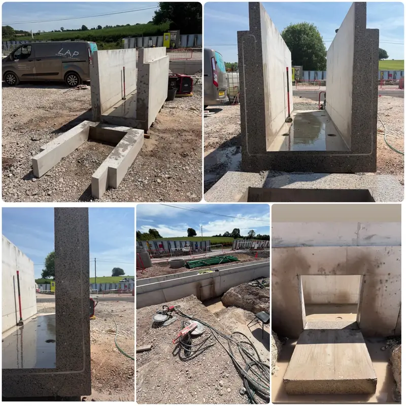 Precast concrete sections saw cut on site, with a new opening cut through the wall